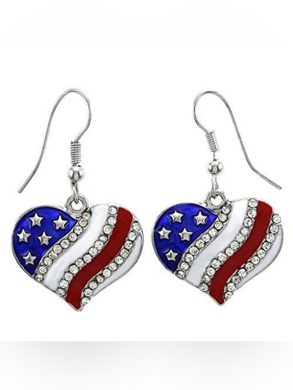 Patriotic Heart Dangle Earrings - Silver Tone Red White Blue